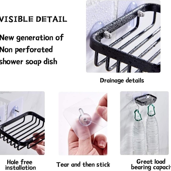 Bathroom Soap Aluminium Adhesive Shower Dish Sponge Holder Black - Picture 3 of 7